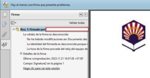 Mensaje de aviso de la validez de la firma